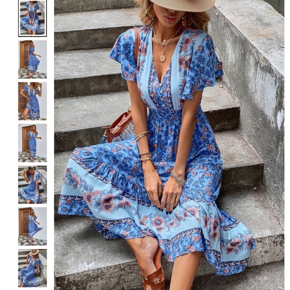 🎉 Blue Floral Shirred Waisted Dress - Picture 1 of 8